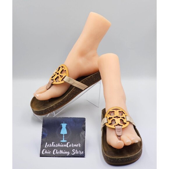 Tory Burch Women's Beige Leather Miller Cloud Flats Thong Sandals Sz 8 2642 - Picture 1 of 16